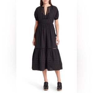 Madewell Black Poplin Ladder Embroidery MIDI Dress with pockets size XXS